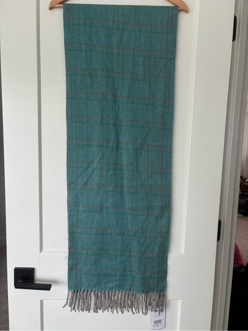 Loro Piana Teal Plaid Wool Scarf with Gray Fringe